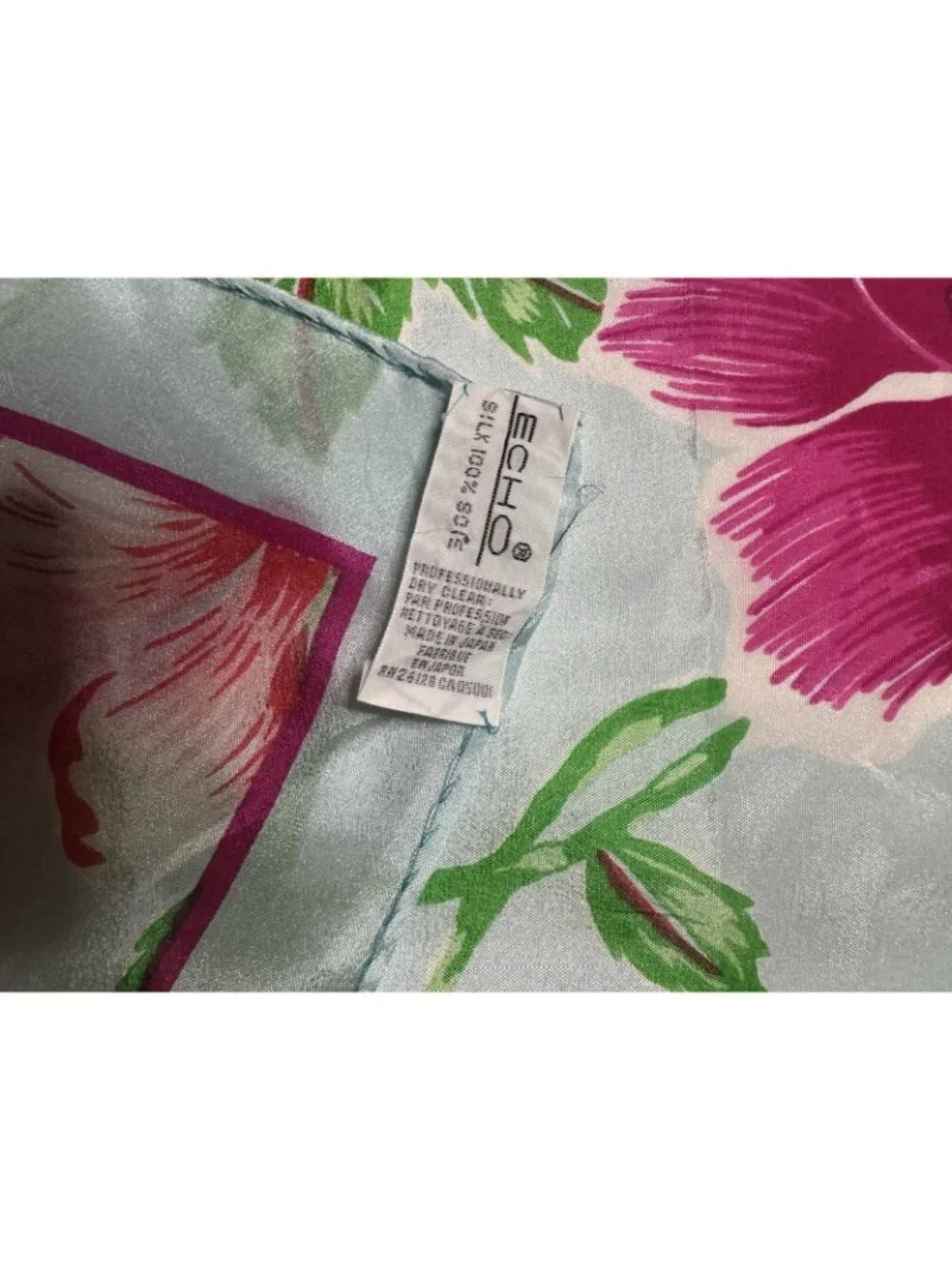 Vintage Echo Silk Scarf Square Blue Pink Hibiscus Floral Head Neck Scarf 31x31